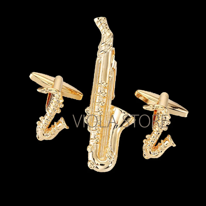 Saxophone Tie Clip Cufflinks Set Music Accessory Gift