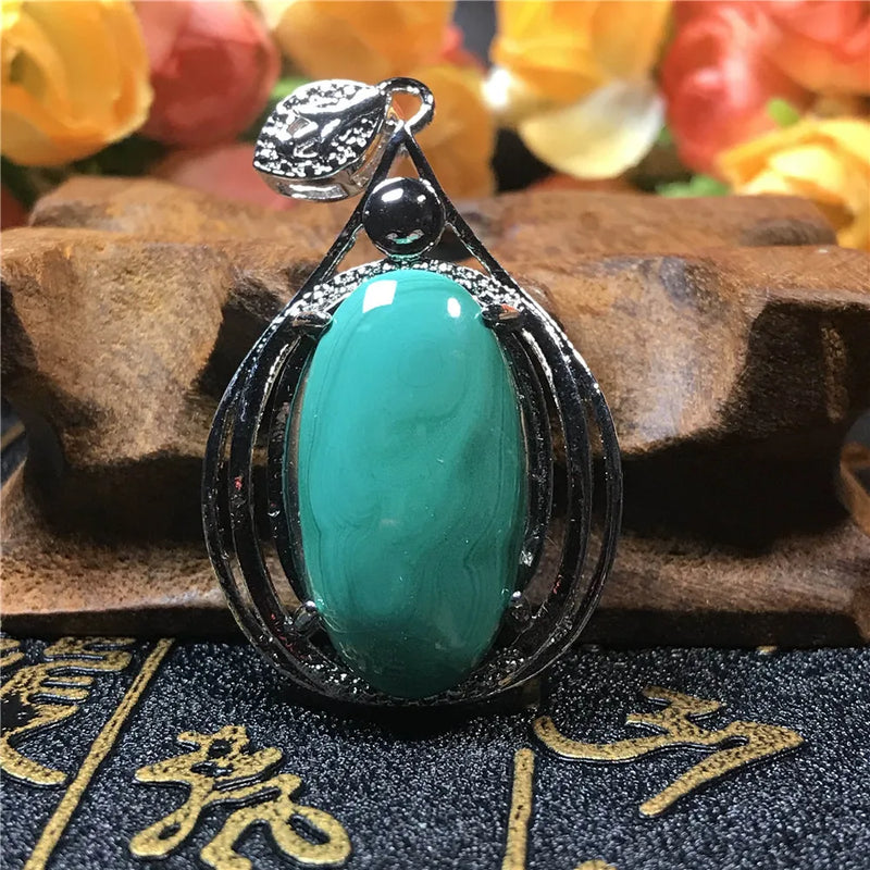 Green Malachite Necklace Pendant Silver Chrysocolla Crystal 43x27mm