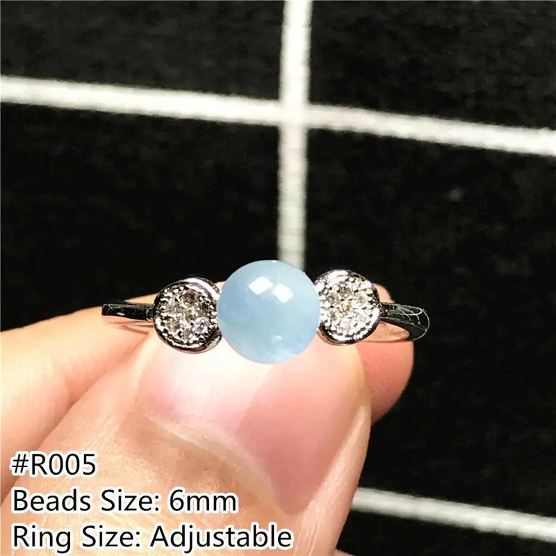 Natural Ocean Aquamarine Ring for Women Crystal Beads Silver Clear Gemstone Ring