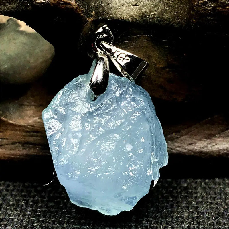 Natural Ocean Aquamarine Stone Necklace Pendant Jewelry Silver 16x13x7mm