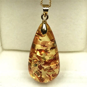 Natural Piebald Amber Pendant Necklace Silver 32x16mm - AAAAA
