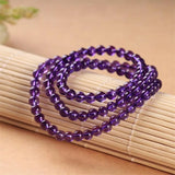 Natural Purple Amethyst Bracelet Three Laps Round Beads Jewelry AAAAA