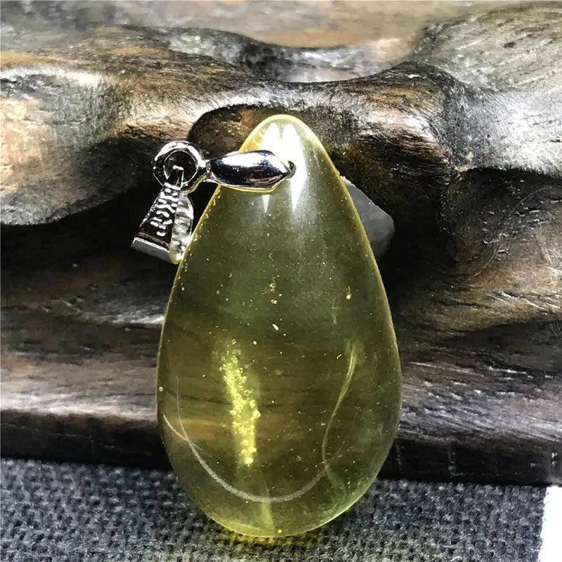 Natural Yellow Amber Pendant 25x15x7mm Beads Water Drop Stone Silver Necklace