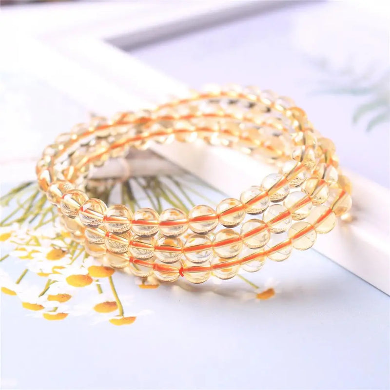 Natural Yellow Citrine Bracelet 3 Laps Round Beads Gemstone Stretch Jewelry
