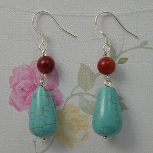 Gemstone Fine Jewelry Red Coral Turquoise S925 Sterling Silver Dangle Earrings