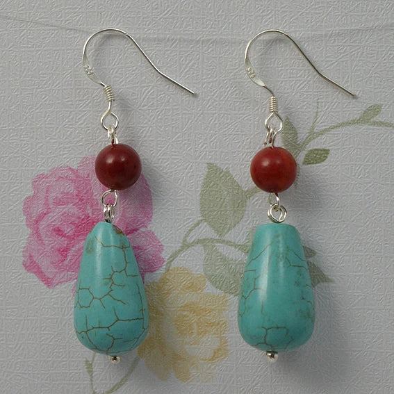 Gemstone Fine Jewelry Red Coral Turquoise S925 Sterling Silver Dangle Earrings