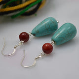 Gemstone Fine Jewelry Red Coral Turquoise S925 Sterling Silver Dangle Earrings