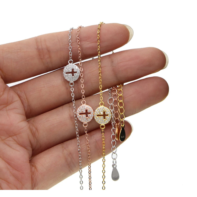 925 Silver Round Charm Pendant Bracelet, Cross Silver Jewelry