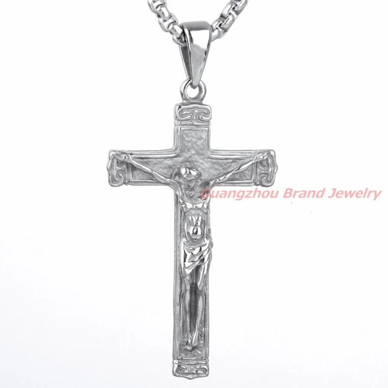 316L Stainless Steel Cross Jesus Necklace Silver Chain Mens Pendant