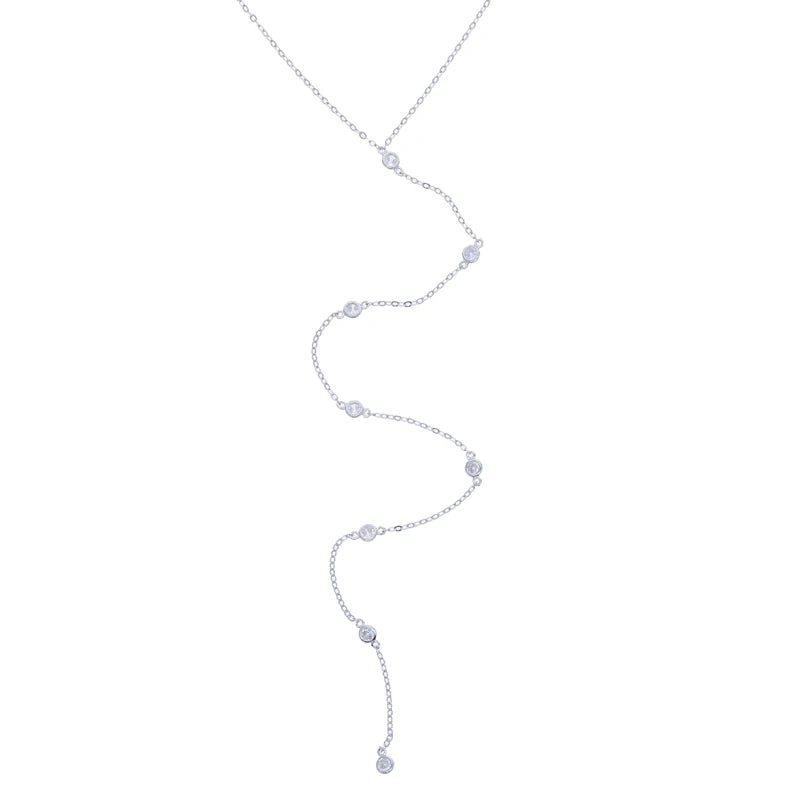 925 Silver Y Shape Lariat Necklace with CZ Paved Chain
