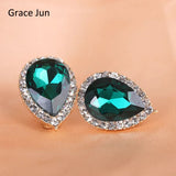 Austria Crystal Rhinestone Water Drop Clip-On Earrings Bridal Ear Buckle Bijoux
