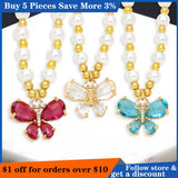 Colorful Zircon Butterfly Pendant Pearl Necklace Wedding Christmas Party Gift