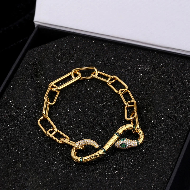 Plated Micro Mosaic CZ Green Eye Snake Circle Cuff Chain Bracelet