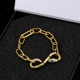 Plated Micro Mosaic CZ Green Eye Snake Circle Cuff Chain Bracelet