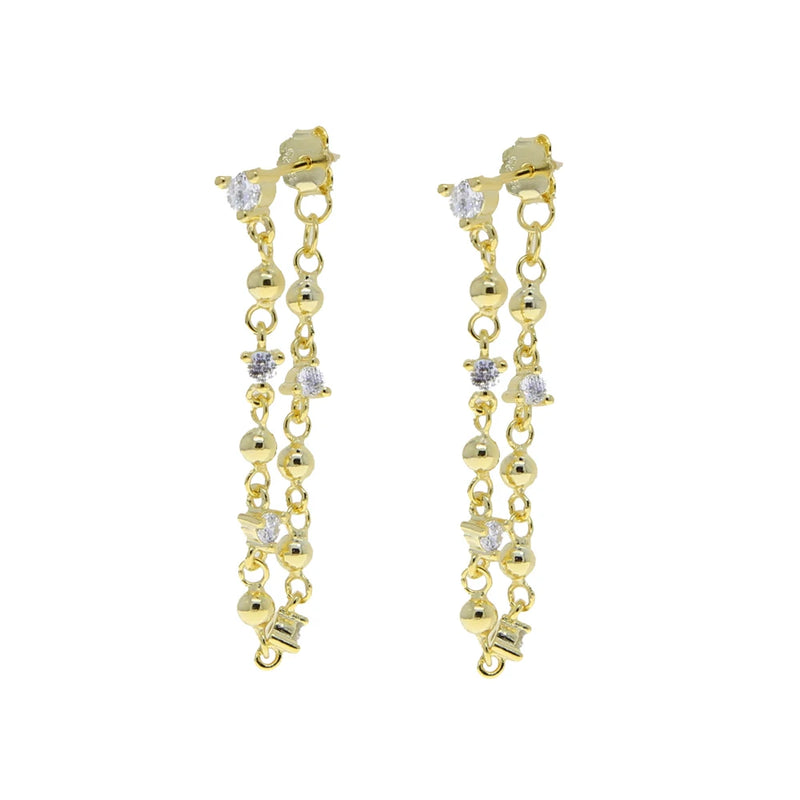 Fine Silver Plated Geometric CZ Round Balls Tassel Chain Dangle Earring