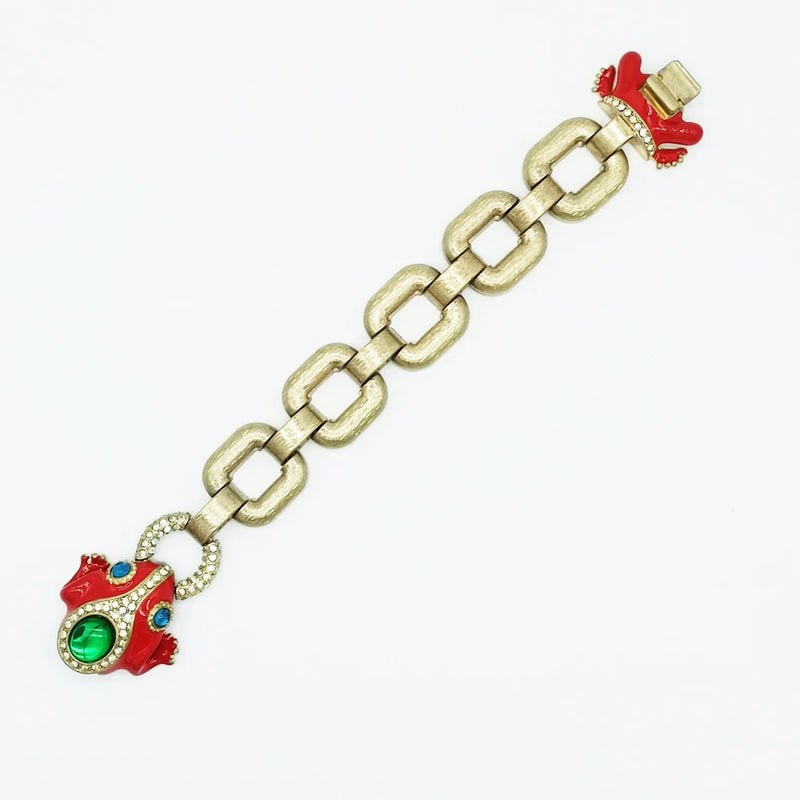 Metal Red Frog Animal Bracelet Thick Chain Green Crystal Jewelry