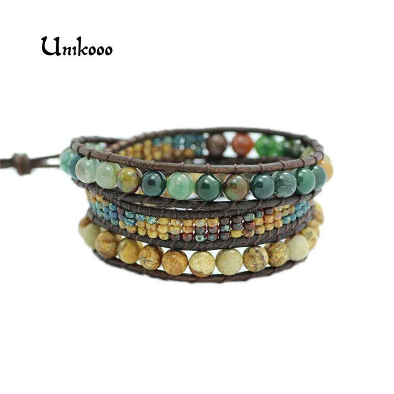 Natural Stone 3 Layer Leather Bracelet Wrap Beaded Bracelets