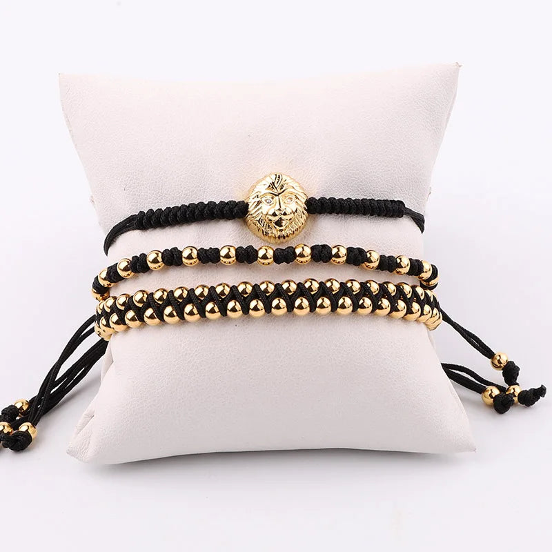Stainless Steel Beads Woven Cord Lion Charm Bracelet Set