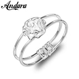 925 Silver Plant Rose Flower Round Bracelet Bangle Jewelry