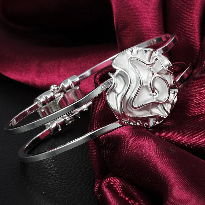 925 Silver Plant Rose Flower Round Bracelet Bangle Jewelry