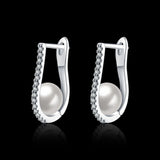Silver U Shape Earrings with Big Simulated Pearl CZ Hoop
