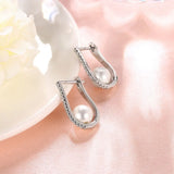 Silver U Shape Earrings with Big Simulated Pearl CZ Hoop