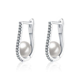 Silver U Shape Earrings with Big Simulated Pearl CZ Hoop
