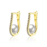 Silver U Shape Earrings with Big Simulated Pearl CZ Hoop