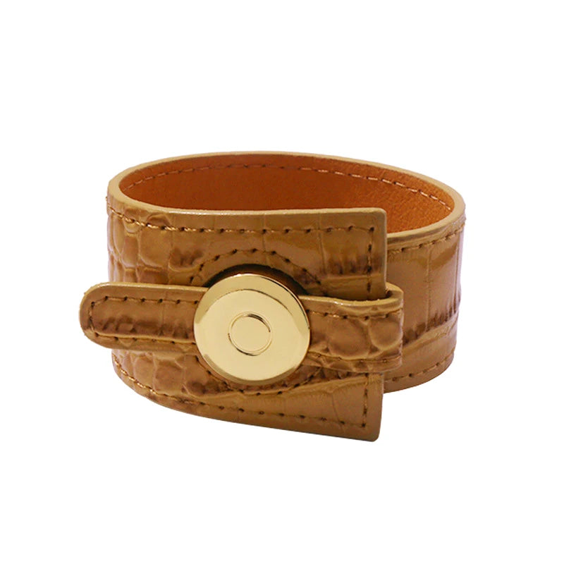 Stainless Steel Metal Button PU Leather Belt Charm Bracelet for Women