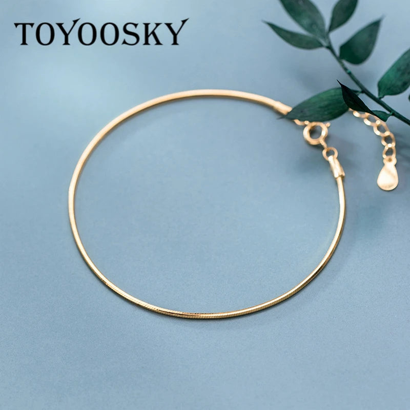 Minimalist Golden Snake Bone Chain Charm Bracelet 925 Sterling Silver