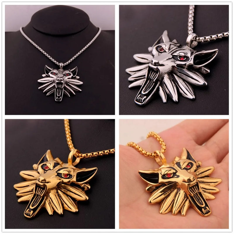 Red Stone Eye Stainless Steel Wolf Necklace Pendant