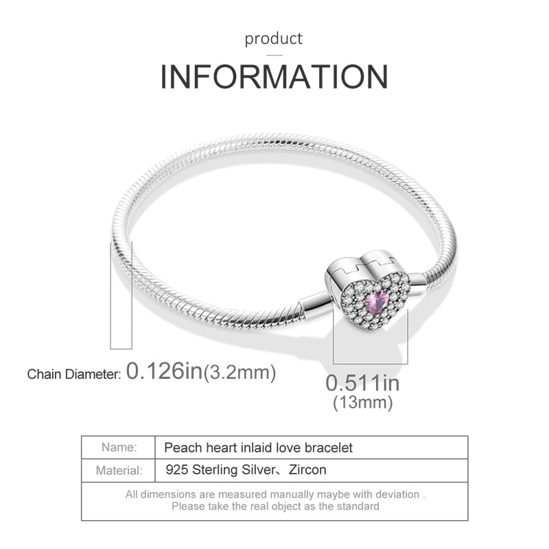 Silver 925 Chain Bracelet Colored Zirconium Heart Charm DIY Jewelry