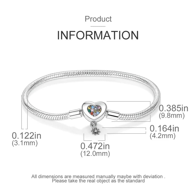 Silver 925 Chain Bracelet Colored Zirconium Heart Charm DIY Jewelry