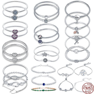 Silver S925 Women Charm Bracelet with S925 Logo DIY Charms Beads Bangle