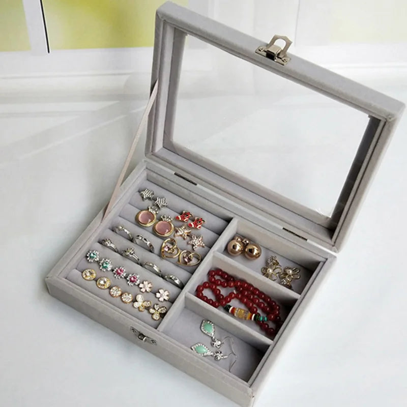 Gray Velvet Ring Jewelry Box Earring Bracelet Necklace Storage Organizer