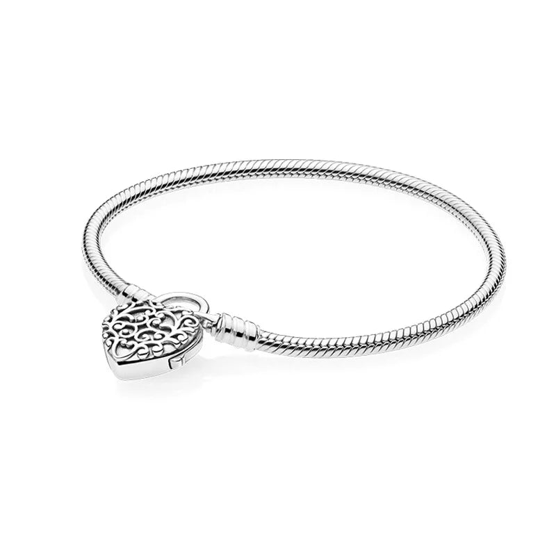925 Sterling Silver Pan Clasp Bracelet Beads Snake Chain Women DIY Jewelry