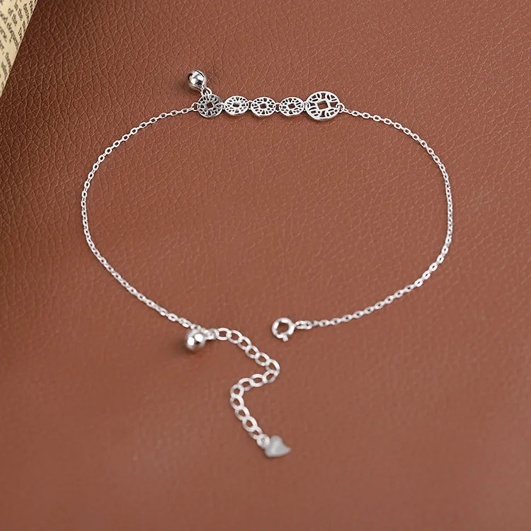 Chinese Character 925 Silver Money Bell Anklet for Women
