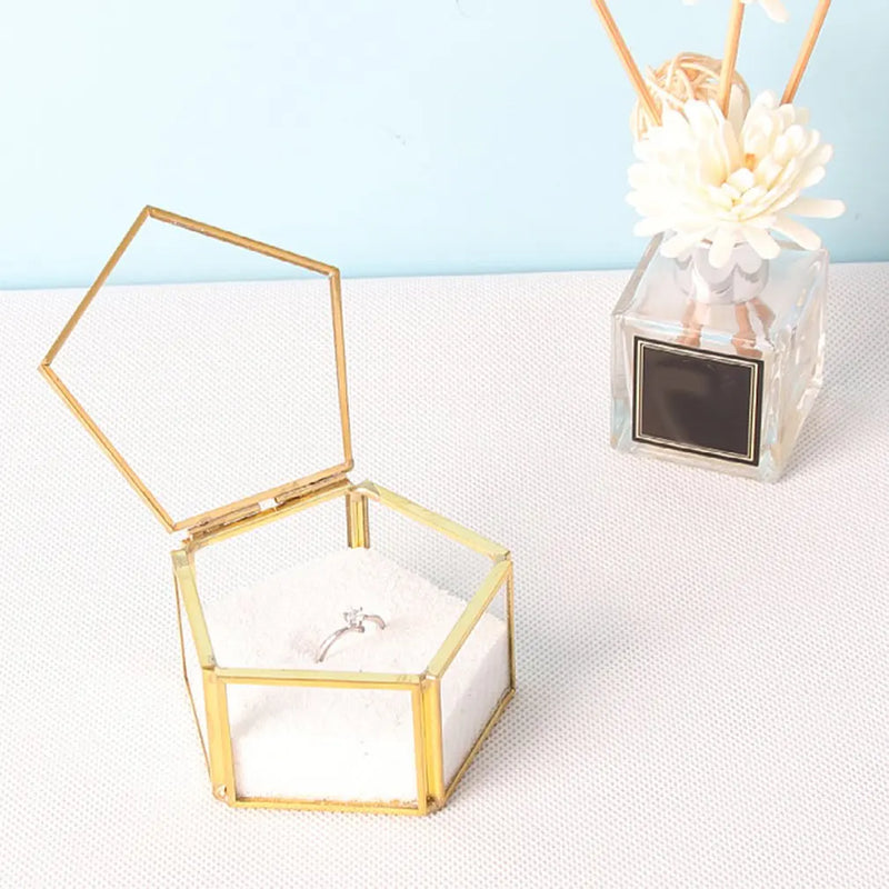 Glass Jewelry Box Wedding Ring Holder Geometric Clear Organizer