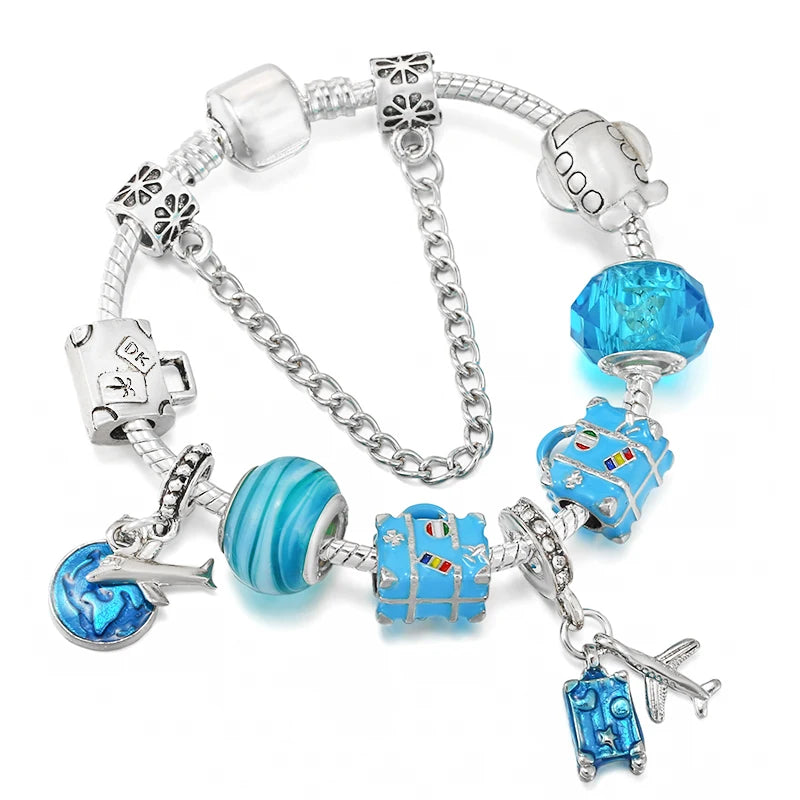 Travel Bag Beads Airplane Pendant Charm Bracelet For Women
