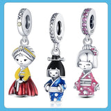 925 Silver Japanese Doll Kimono Dangle Charm Beads for Bracelet Necklace