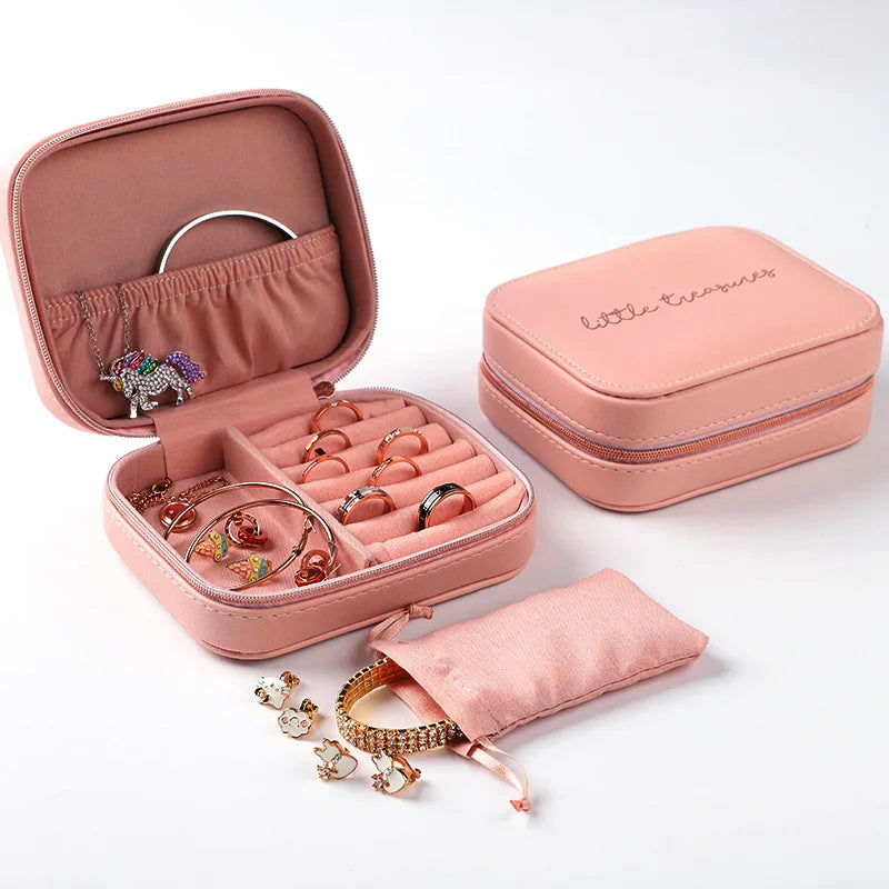 Small Leather Jewelry Box Travel Organizer with Pouch