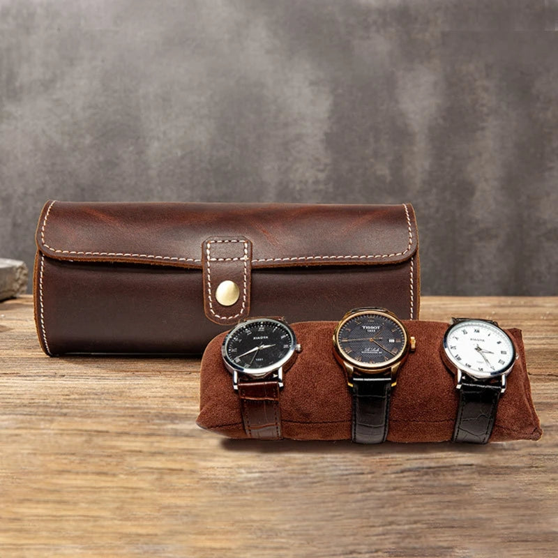 Vintage Leather Travel Watch Case Roll Organizer