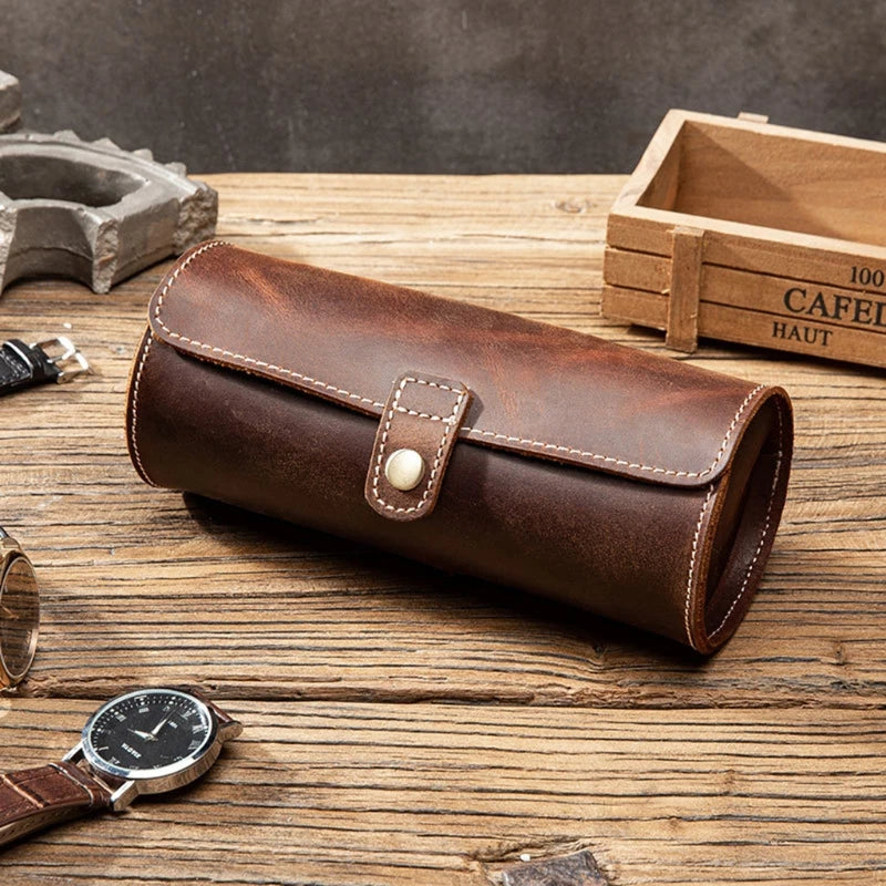 Vintage Leather Travel Watch Case Roll Organizer