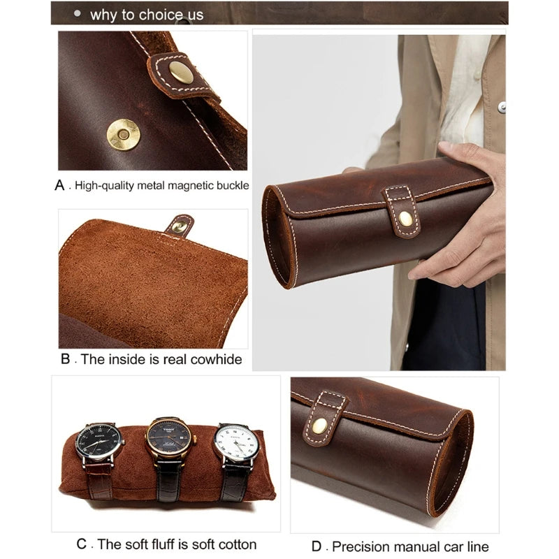 Vintage Leather Travel Watch Case Roll Organizer