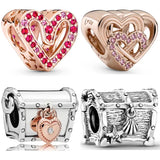 925 Silver Charm: Treasure Box & Rose Lock Hearts Bead Set for Bracelet