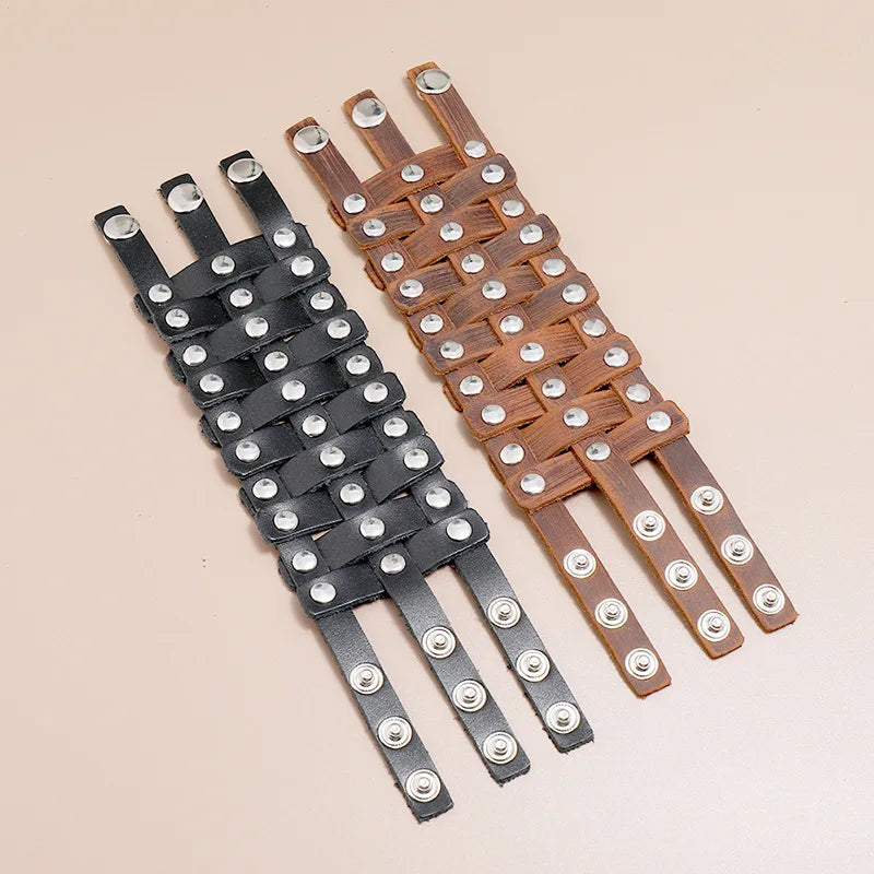 Wide Wrap Rivet Leather Bracelet Vintage Punk Hollow Adjustable