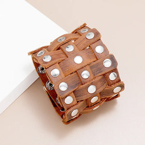 Wide Wrap Rivet Leather Bracelet Vintage Punk Hollow Adjustable