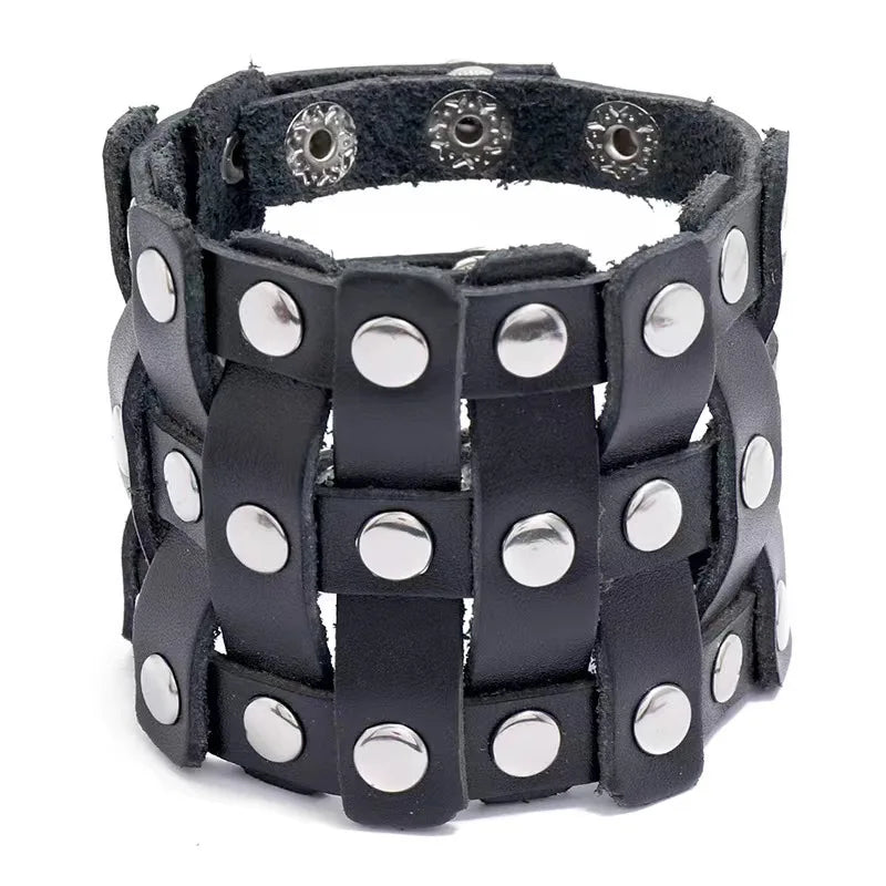 Wide Wrap Rivet Leather Bracelet Vintage Punk Hollow Adjustable