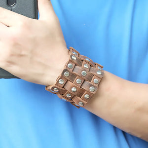Wide Wrap Rivet Leather Bracelet Vintage Punk Hollow Adjustable