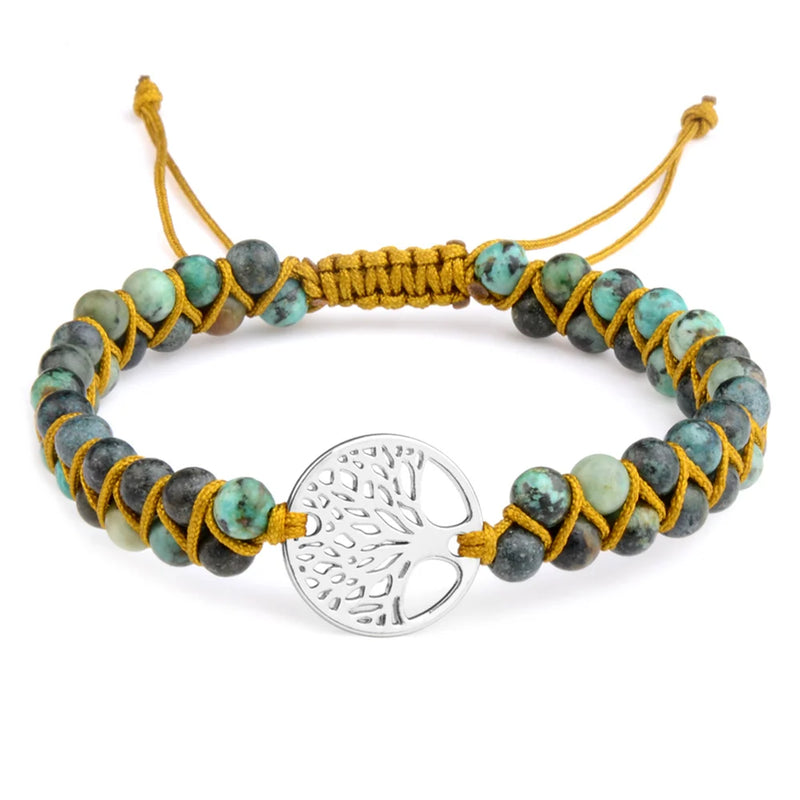 Tree Of Life Stone Bead Bracelet Double Layer Adjustable Braid Rope